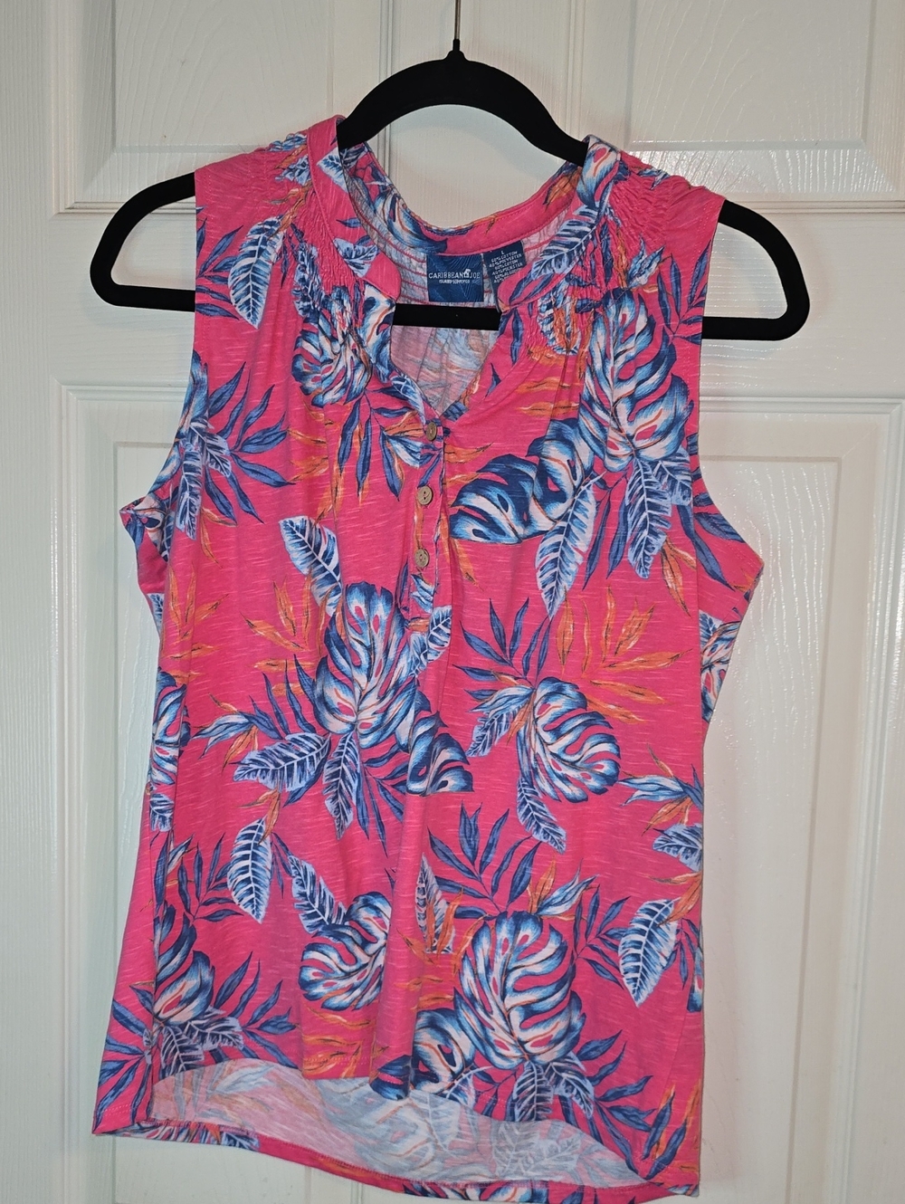 Caribbean Joe Pink Tropical Leaf Henley Tank